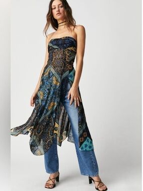 Free People Heartbeats Tube Sheer Mesh Side Slit Midi Length Top L
